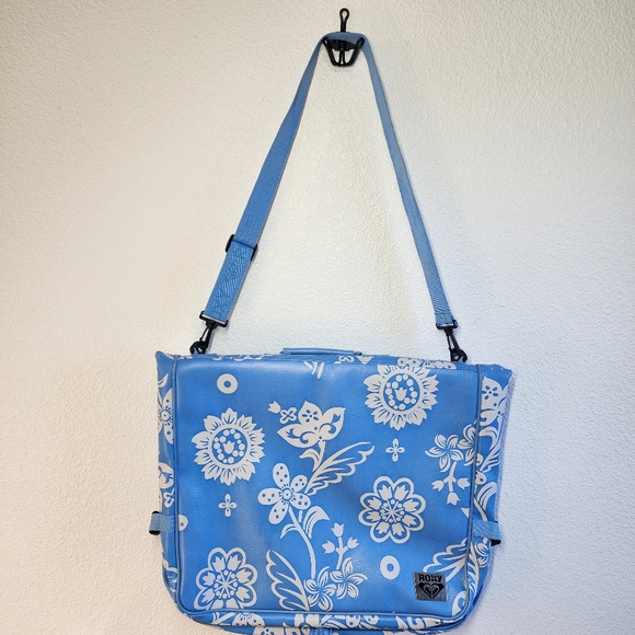 VINTAGE ROXY Blue White Leather Hawaiian Flower Travel Garment Bag - Picture 2 of 16
